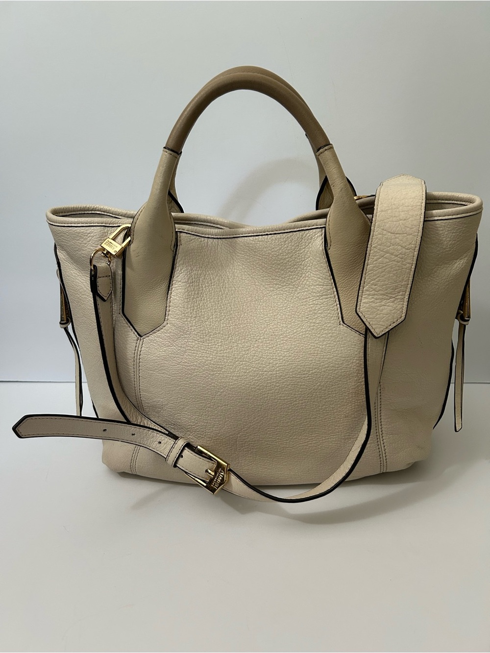 Aimee Kestenberg Pebbled Cream Leather Satchel/Crossbody with Gold Hardware